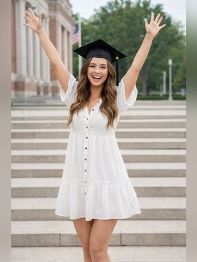 White Button-Front Cotton Dress Sheer Graduation Bachlorette Lightweight S